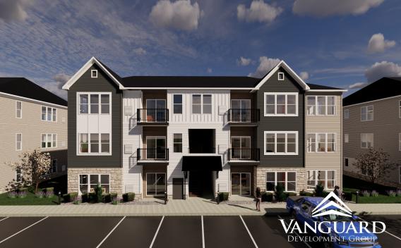 Architectural rendering of a modern apartment building with dark gray, white, and light beige exterior, stone accents.