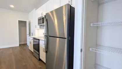 Sleek kitchen with stainless steel appliances, white cabinetry, and a built-in pantry with wire shelving for added storage.