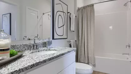Modern bathroom with granite vanity, abstract wall art, and a white shower-tub combination with a curved shower curtain rod.