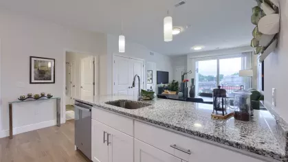 Granite kitchen island with sink and dishwasher overlooking bright living space and balcony at The Forge apartment community
