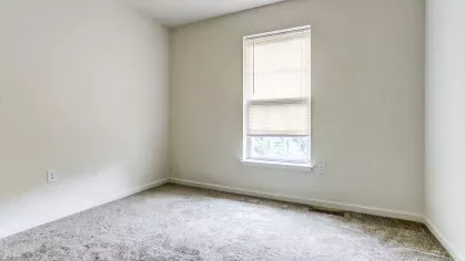 Bright bedroom at Mill Creek Manor with single window, soft carpet, and neutral walls