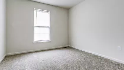 Bright, unfurnished bedroom with soft carpeting, a large single window with blinds, and light neutral walls at Mill Creek Manor.