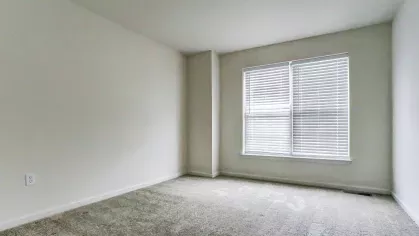 Empty bedroom showcasing a double window with horizontal blinds, beige carpet flooring, and a recessed wall feature for added dimension.