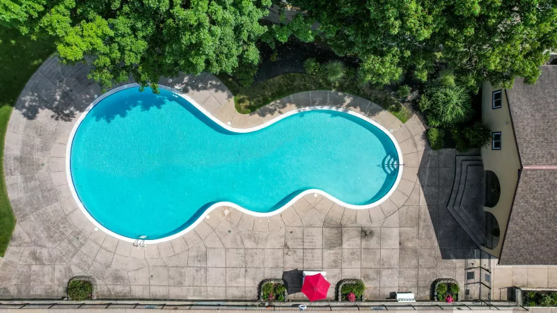 Aerial view of the large, freeform swimming pool at Rosedale, surrounded by concrete decking, green trees, and lounge chairs.