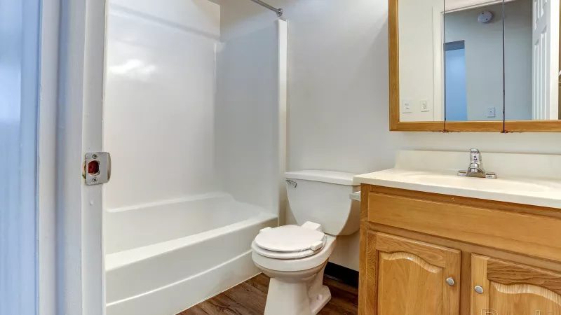 Modern bathroom at Rosedale featuring a white toilet, full bathtub with shower, and a wooden vanity with a large mirrored medicine cabinet.