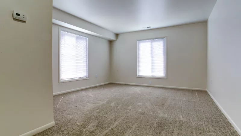 Bright, spacious living room in a renovated Rosedale apartment with two large windows, light gray carpet, and ample natural light.