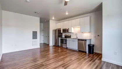 Spacious open-concept apartment at Stadium Row showcasing a modern kitchen with white cabinets, stainless steel appliances, and wood-style flooring in the living area.