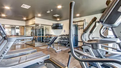 Well-equipped fitness center at Stadium Row with a variety of cardio machines like treadmills and ellipticals, free weights, and ample space for a full workout.