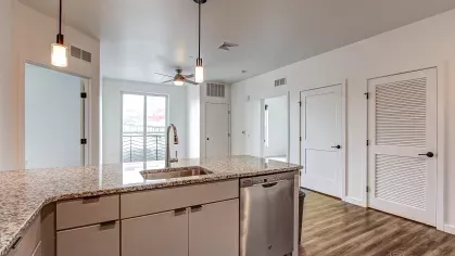 Spacious living room in the Slugger 208 floor plan at Stadium Row, featuring wood-style flooring, a ceiling fan, and large windows with blinds for ample natural light.