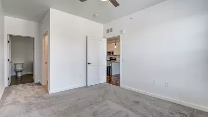 Bedroom in the Stretch 423 floor plan at Stadium Row, showing plush gray carpeting, a large window with blinds, and a doorway leading to the main living area.