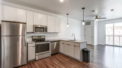 Inviting entry area of the Stretch 423 floor plan at Stadium Row, showcasing modern wood-style flooring and leading into the spacious kitchen and living areas.