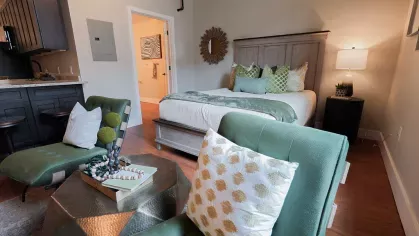 Open-concept studio layout featuring a cozy bedroom, lounge area, and kitchen in Prince Street Lofts apartment