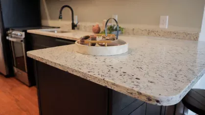 Granite countertop and modern black cabinetry in the kitchen of a Prince Street Lofts apartment