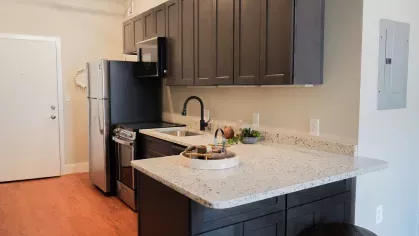 Stylish kitchen with stainless steel appliances and breakfast bar seating at Prince Street Lofts