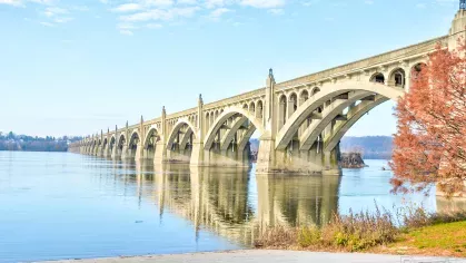 A picturesque view of the iconic Columbia-Wrightsville Bridge spanning the Susquehanna River, symbolizing the scenic river views and convenient location near Riverview Terrace apartments.