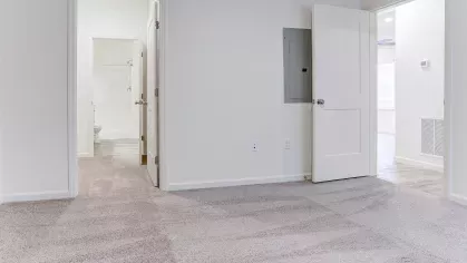 Bright bedroom at Sycamore 95 featuring plush carpeting, open doors to a bathroom and hallway, and natural light.