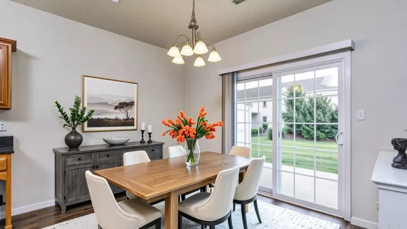 Bright dining area at Fox Ridge Apartments with a wood table and six upholstered chairs, gray sideboard with artwork and plants, chandelier lighting, and sliding glass doors opening to a green lawn