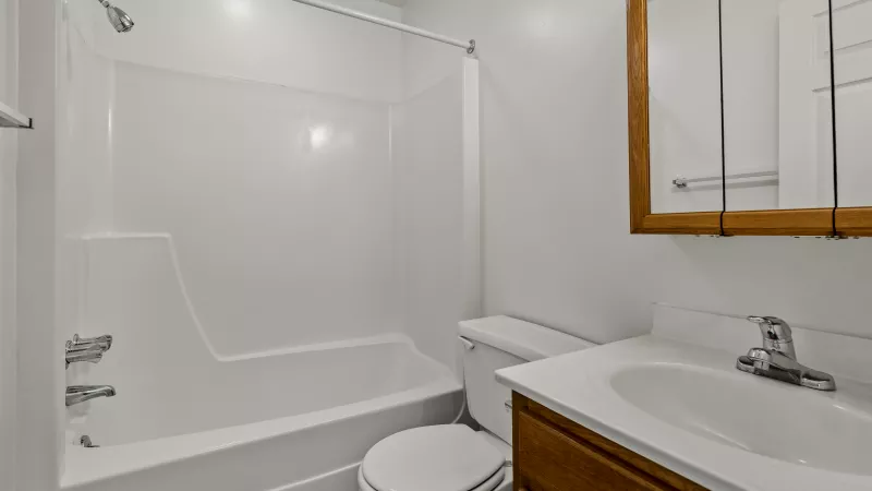 Modern bathroom at Rosedale Apartments featuring white shower-tub combo, vanity with sink, and mirrored cabinet