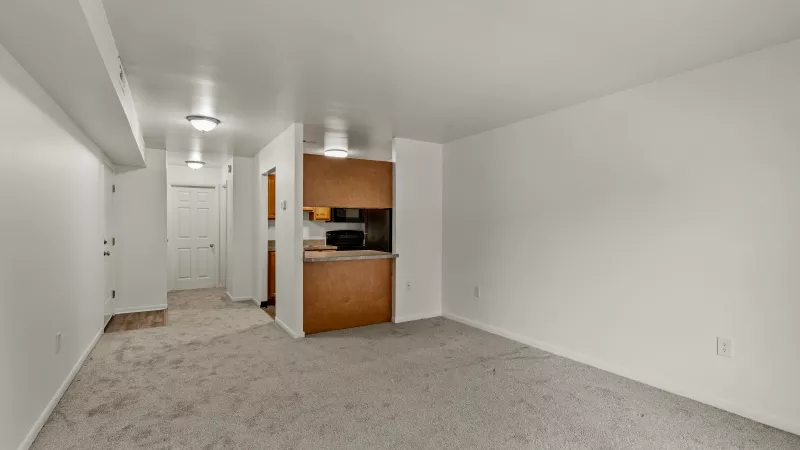Open-concept living room and kitchen at Rosedale Apartments with breakfast bar, carpet flooring, and modern lighting