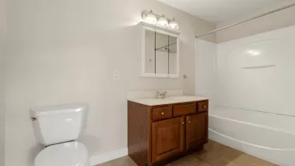 Bathroom with a white bathtub and shower combo, wood vanity cabinet, mirror cabinet, and tile flooring.