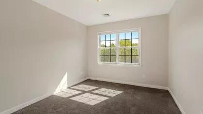 Bright bedroom with large window, neutral walls, and soft carpet flooring.