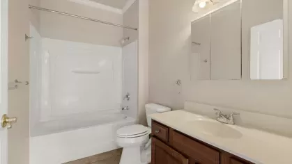 Bathroom with a white bathtub and shower combination, wood vanity, and overhead lighting, shown with neutral wall colors.