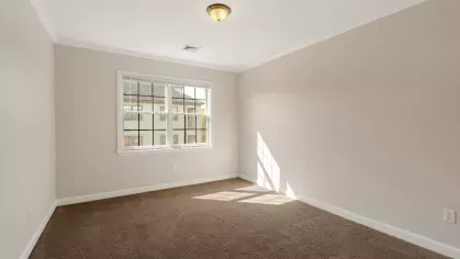 Empty bedroom with beige walls, carpet flooring, and a large window letting in natural light.