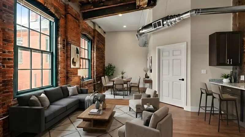 A spacious open-concept living area featuring original exposed red brick walls, towering industrial timber ceilings, and large arched windows that flood the room with natural light. The space includes a modern kitchen island with seating and a dining area.