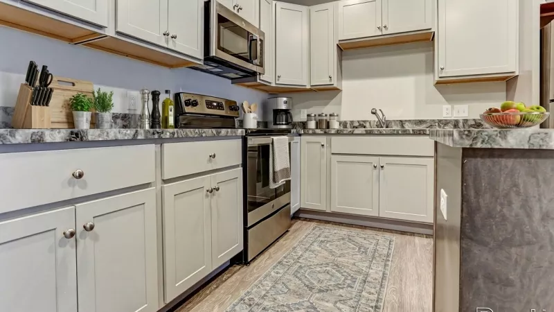 A kitchen featuring light grey shaker-style cabinets with silver hardware and dark, marble-patterned countertops. The space includes a stainless steel electric stove, over-the-range microwave, and a small countertop coffee maker. A blue and grey patterned runner rug sits on the light wood-plank flooring.