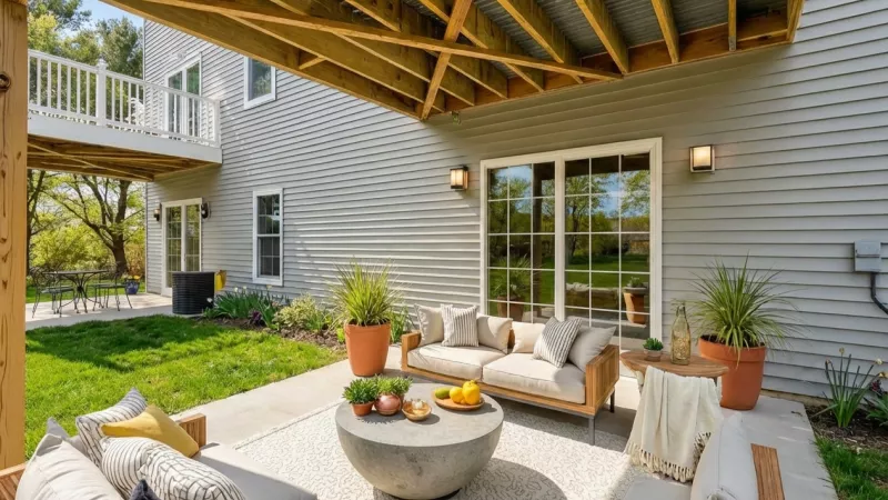 A ground-level concrete patio with a modern outdoor sectional and coffee table. The area is landscaped with grass and potted plants, situated under a wooden deck structure.