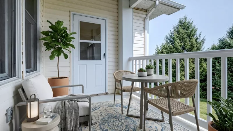 covered outdoor balcony with cream-colored siding, white railings, and a concrete floor. The space overlooks a view of mature evergreen trees and includes a white door with a glass pane leading back into the apartment.