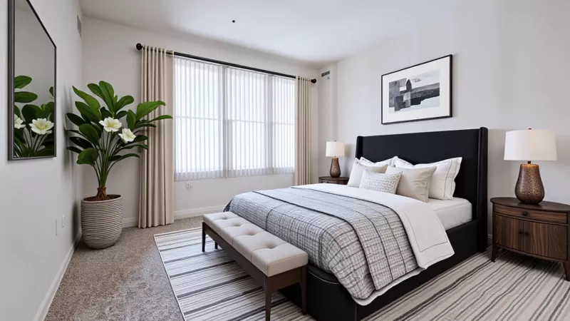 A secondary bedroom with a large window, neutral carpeting, a dark upholstered bed frame, and contemporary wooden nightstands.