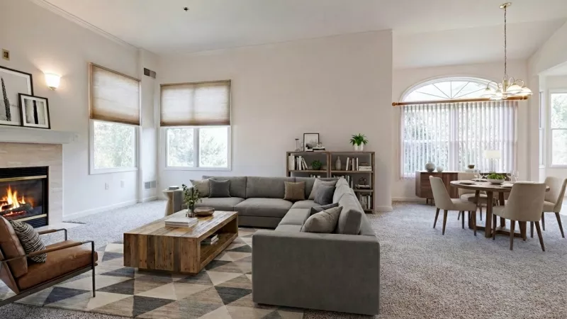 A spacious, open-concept living room and dining area featuring a fireplace, neutral carpeting, a large sectional sofa, and a dining table set for four near a large arched window.
