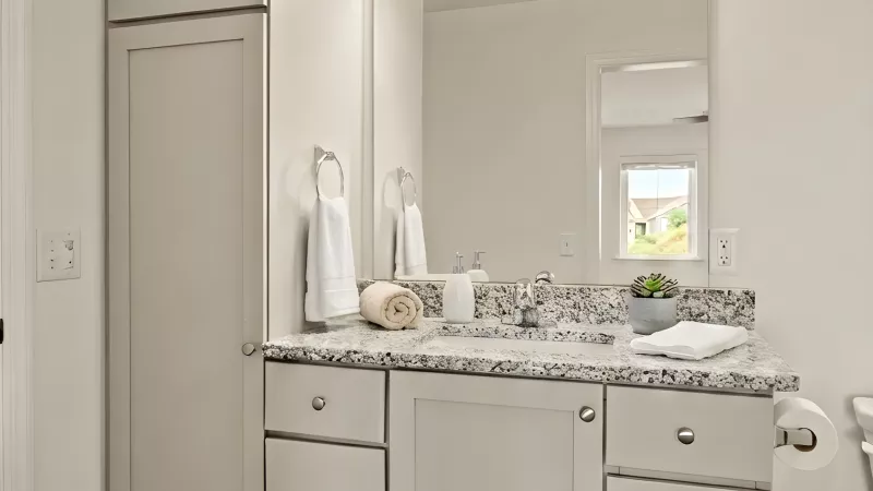 Light grey bathroom vanity with granite counter, sink, mirror, and bright light fixture. Tall cabinet, patterned rug on wood floor.