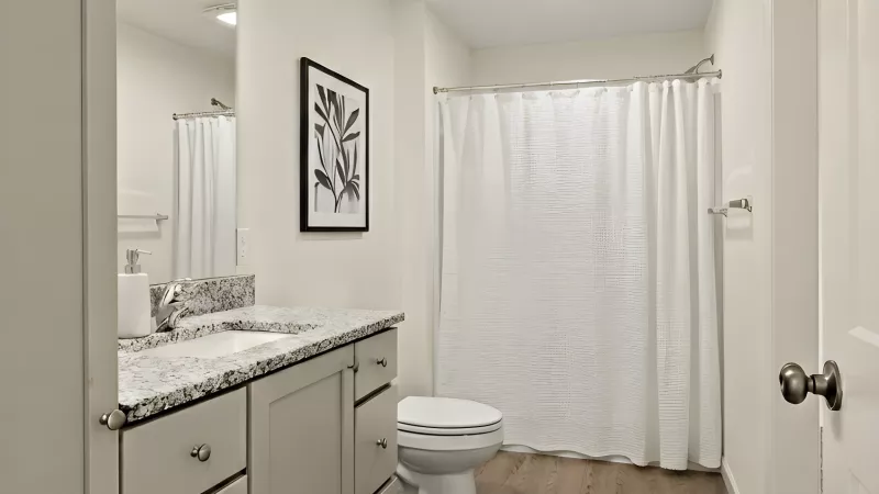 Contemporary bathroom with light neutral walls, wood floor, gray vanity with granite, white toilet, and shower.