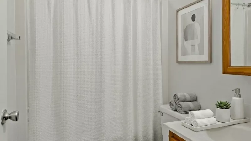Bright bathroom with white shower, toilet, wood vanity, grey rug on wood floor, and abstract art.