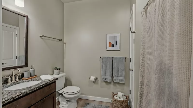 Modern bathroom with dark wood vanity, speckled counter, white sink, toilet, grey bath mat, towels, and abstract art.