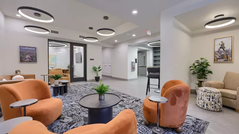 Contemporary lounge area with plush orange seating, a textured rug, potted plants, and sleek circular lighting.