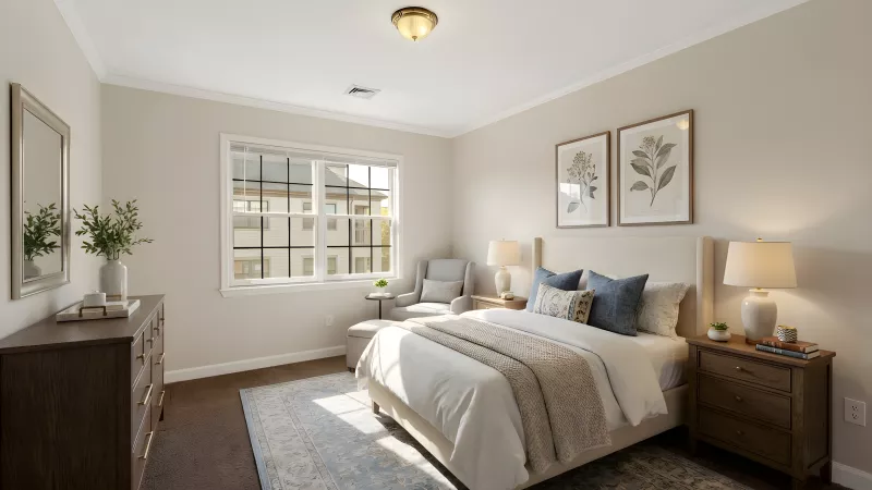 Bright bedroom with a bed, blue pillows, wooden furniture, a patterned rug, and a window with a chair nearby.