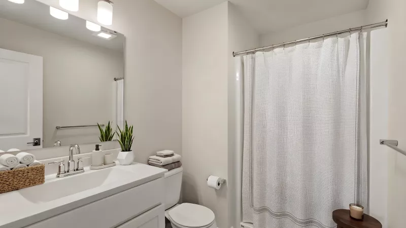Light-colored bathroom with a white vanity, sink, mirror, toilet, and a patterned white shower curtain.
