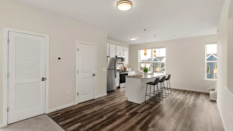 Bright open-plan living area with a white kitchen island, dark wood-look flooring, and white doors.