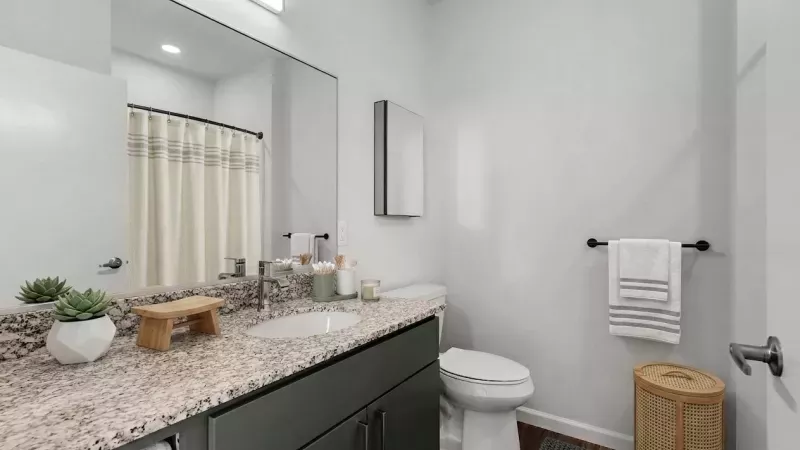 Modern bathroom with speckled granite vanity, sink, mirror, toilet, and shower. White towels and green succulent decorate.