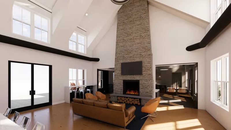Graphic of a modern living room clubhouse with high vaulted ceilings, stone fireplace, brown leather sofa, and orange accent chairs.