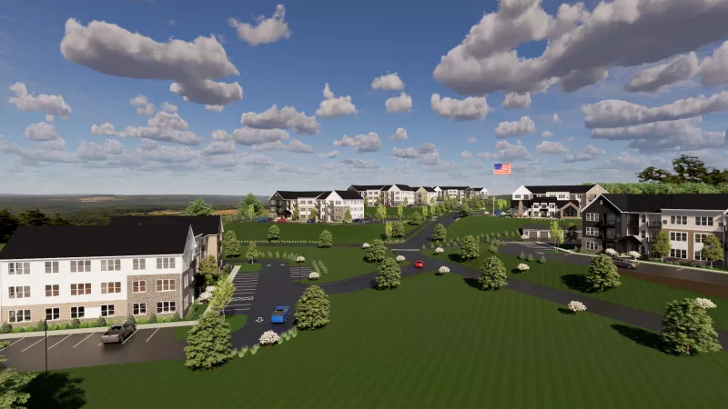 Architectural rendering of a suburban apartment complex with several buildings, roads, and green landscaping.