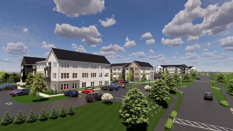 Graphic: Modern apartment complex with several multi-story buildings, parked cars, green lawns, and a road.
