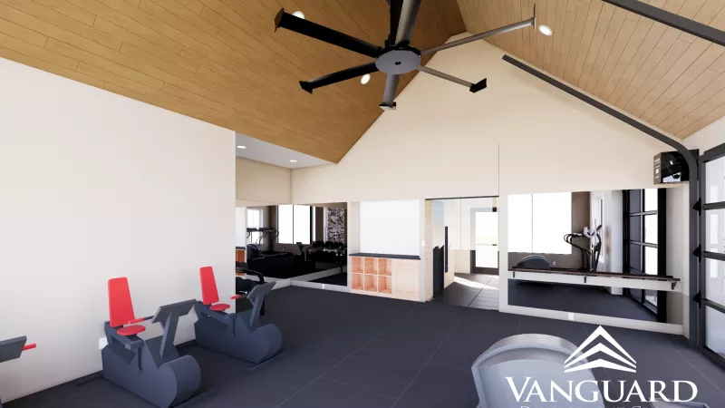 Rendering of a modern fitness center with a high wooden ceiling, dark floor, and various exercise equipment.