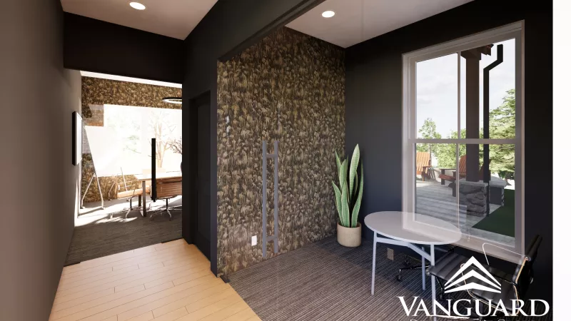 Modern interior rendering with dark walls, textured brown panel, a table and chairs by a window, and a green plant.