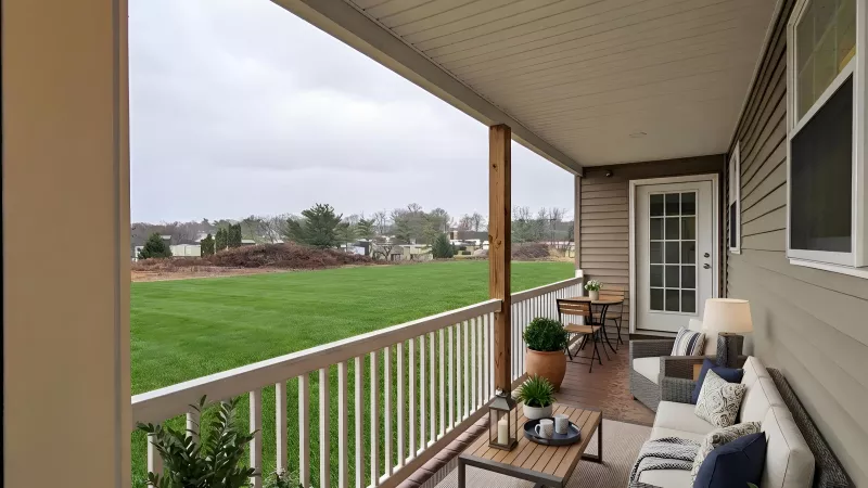 Covered outdoor patio with sofa, coffee table, potted plants, and dining set, overlooking a green lawn.