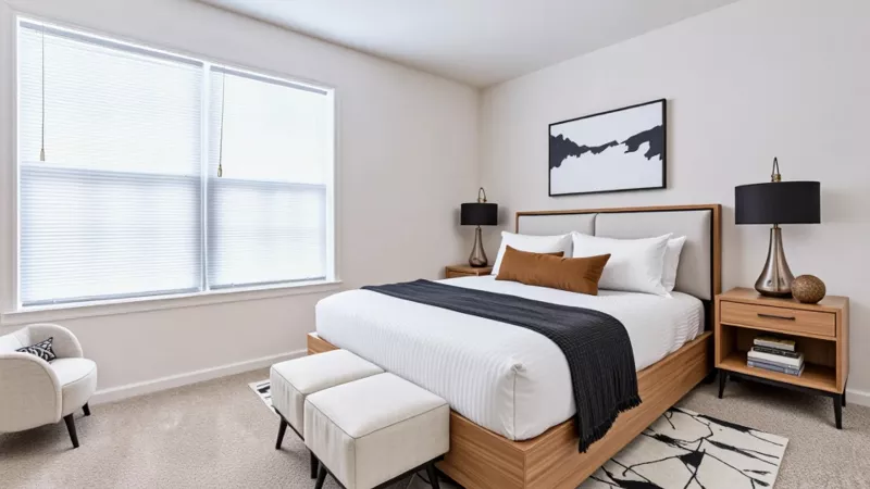 Modern furnished bedroom at Windsor Commons featuring a large window with blinds, neutral tones, a cozy king-size bed with stylish linens, and matching wood nightstands with black lamps.