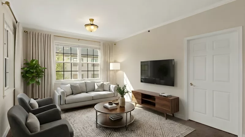 Brightly lit living room with a light grey sofa, two dark armchairs, a round coffee table, and a flat-screen TV.